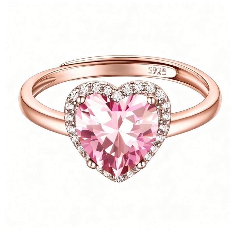 Bague personnalisée en or rose 10 carats avec zircon cubique, pierre de naissance et cœur-1