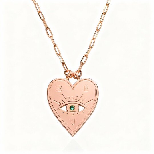 Collier pendentif personnalisé en or rose 10 carats avec zircon cubique, pierre de naissance, initiale, œil protecteur et cœur