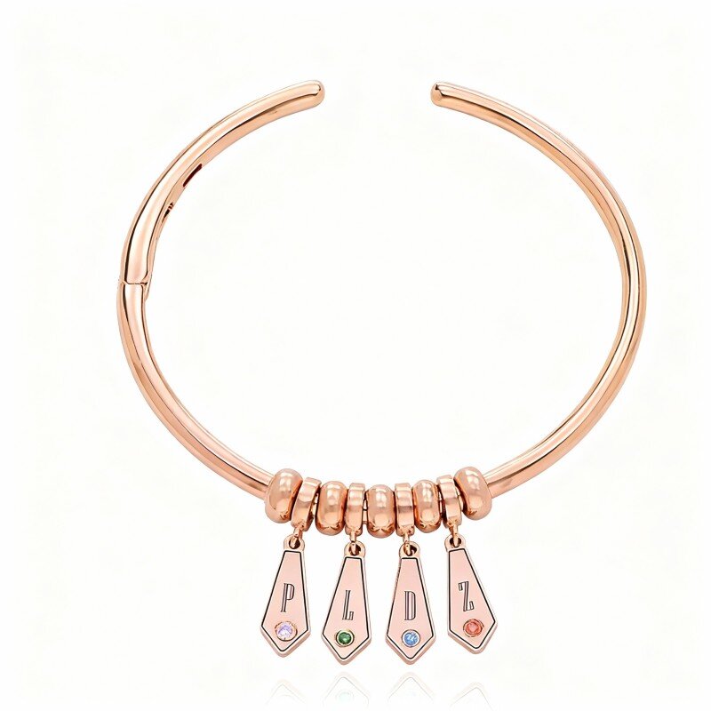 10K Rose Gold Cubic Zirconia Personalized Birthstone & Personalized Initial Letter Pendant Bangle Bracelet-1
