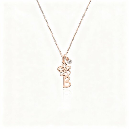 9K Rose Gold Cubic Zirconia Personalized Birthstone & Personalized Initial Letter Pendant Necklace