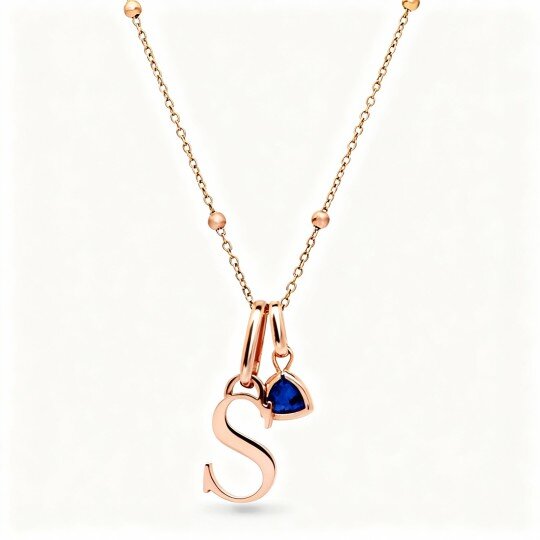 10K Rose Gold Cubic Zirconia Personalized Birthstone & Personalized Initial Letter Pendant Necklace