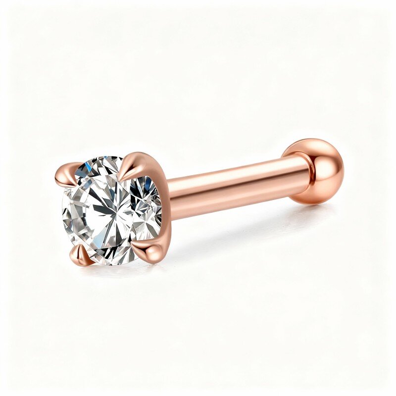 Piercing de nariz personalizado com pedra de nascimento em ouro rosa 10K e zircónias cúbicas-15