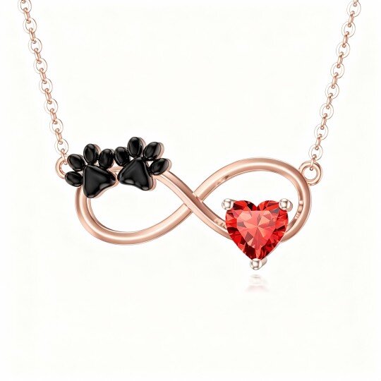 Colar com pendente personalizado em ouro rosa 9K com zircónia cúbica, pedra de nascimento, pata, coração e símbolo do infinito.