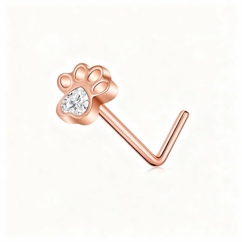 10K Rose Gold Cubic Zirconia & Personalized Birthstone Paw & Heart Nose Ring-1