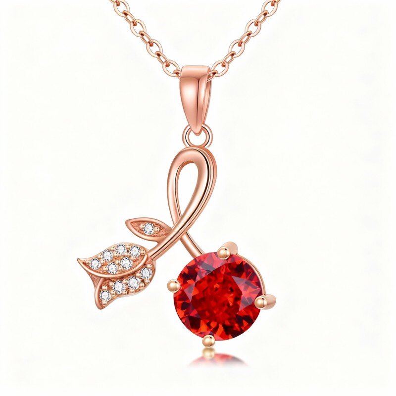 Collana con ciondolo a forma di rosa in oro rosa 14 carati con zirconi cubici e pietra portafortuna personalizzata-1