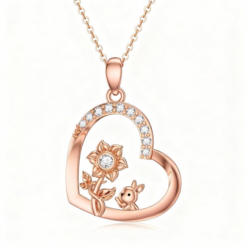 Colar com pendente de coelho, girassol e coração em ouro rosa 10K com zircónias cúbicas e pedra de nascimento personalizada-1