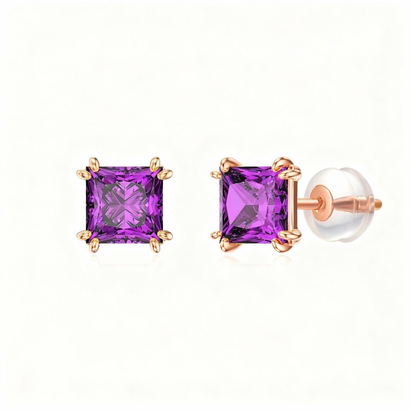 Boucles d'oreilles puces carrées personnalisées en or rose 14 carats avec zircon cubique et pierre de naissance-1