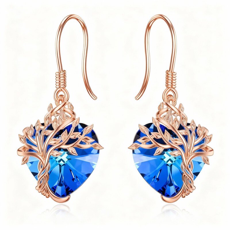 14K Rose Gold Cubic Zirconia & Personalized Birthstone Tree Of Life & Heart Drop Earrings-1