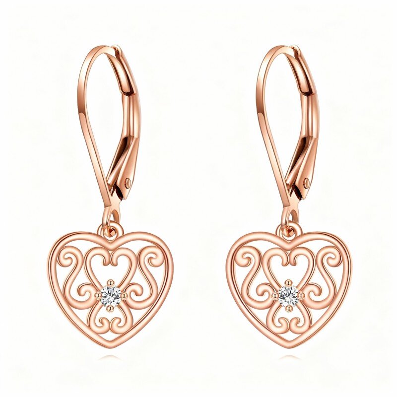 18K Rose Gold Cubic Zirconia & Personalized Birthstone Wildflowers & Heart Lever-back Earrings-1