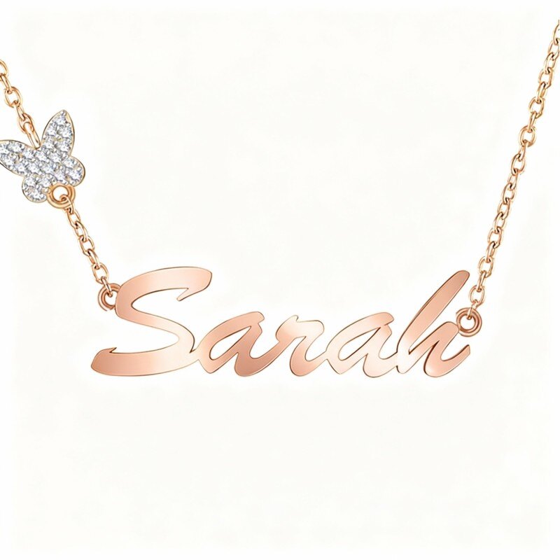 Collar con colgante de mariposa clásico personalizado con nombre en oro rosa de 10 quilates y circonitas cúbicas-9
