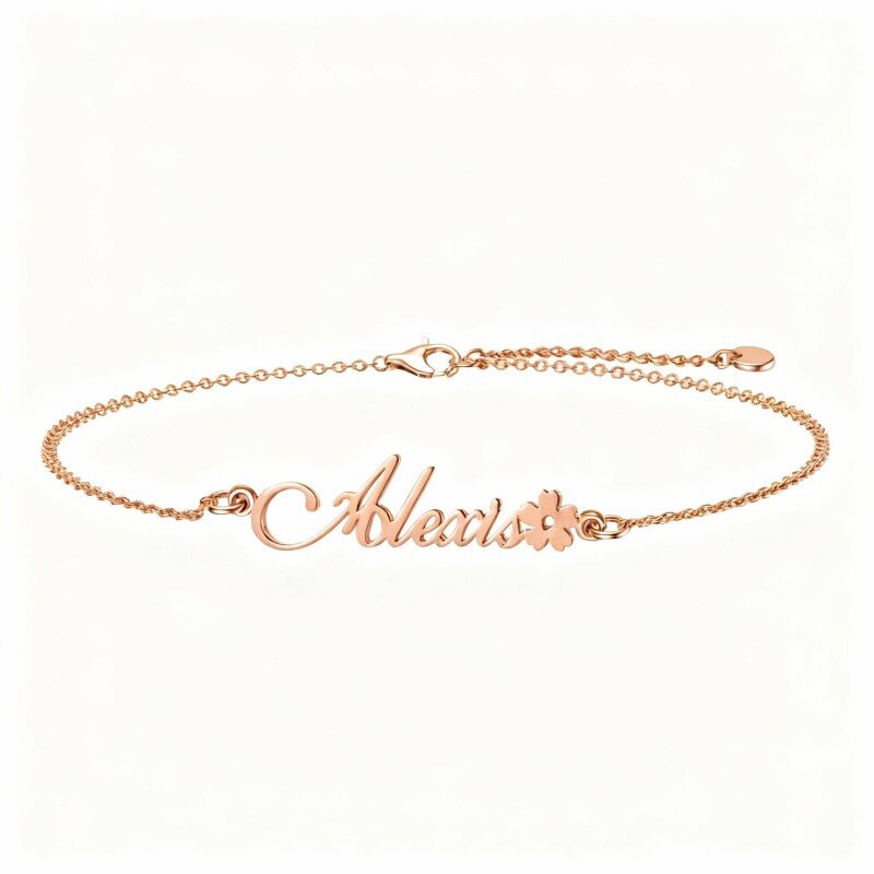 Pulseira personalizada com pendente clássico de nome em ouro rosa 14K-1