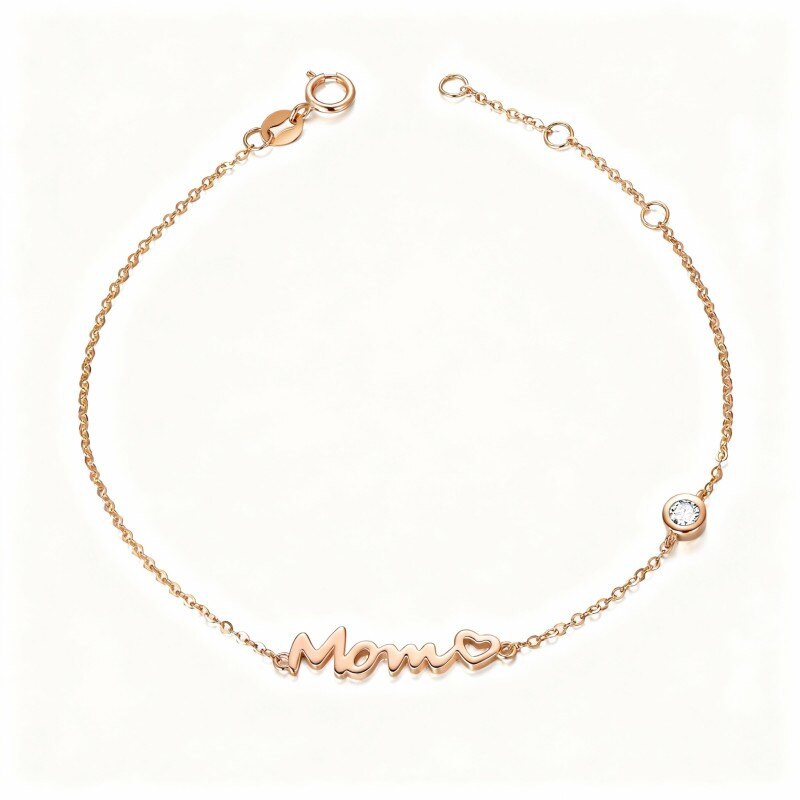 Pulsera clásica personalizada con dije de nombre en oro rosa de 14 quilates y circonitas cúbicas.-1