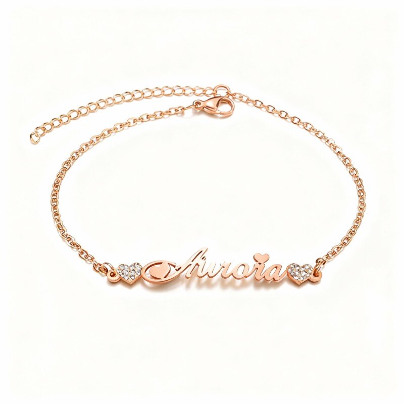 Pulsera clásica personalizada con dije de nombre en oro rosa de 10 quilates y circonitas cúbicas.-1