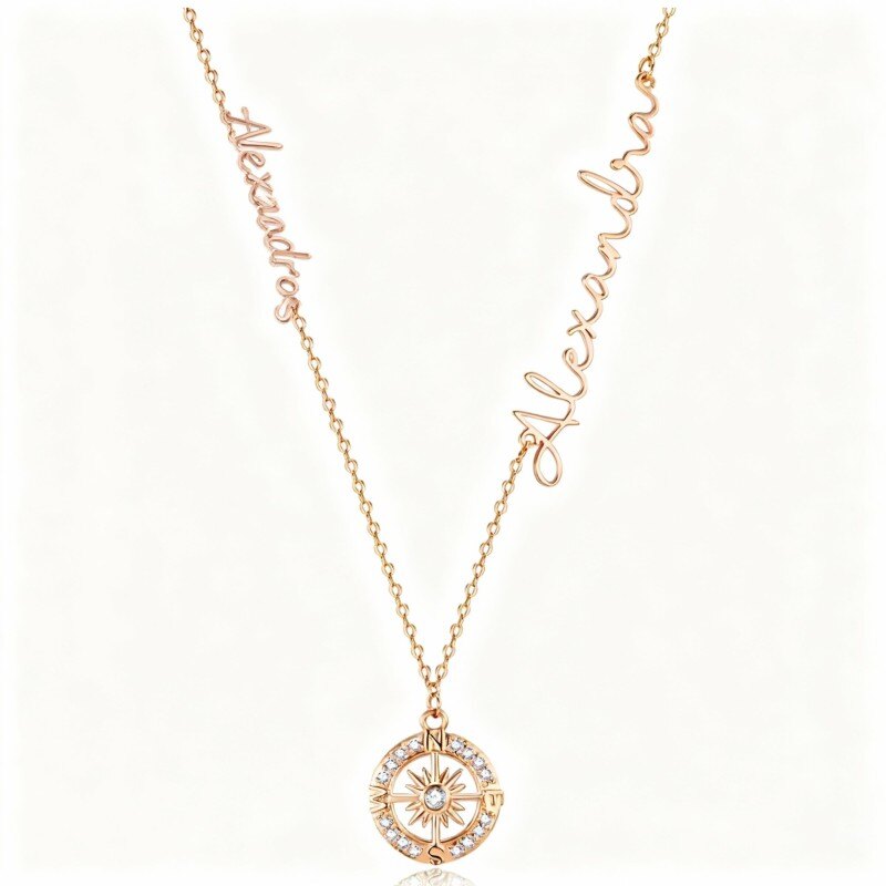 Collier pendentif personnalisé classique en or rose 18 carats avec zircon cubique et nom, boussole-1