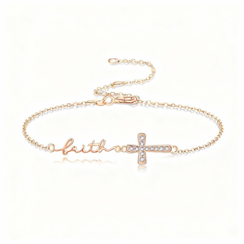 Pulsera personalizada con dije clásico de nombre y cruz en oro rosa de 10 quilates con circonitas cúbicas.-1