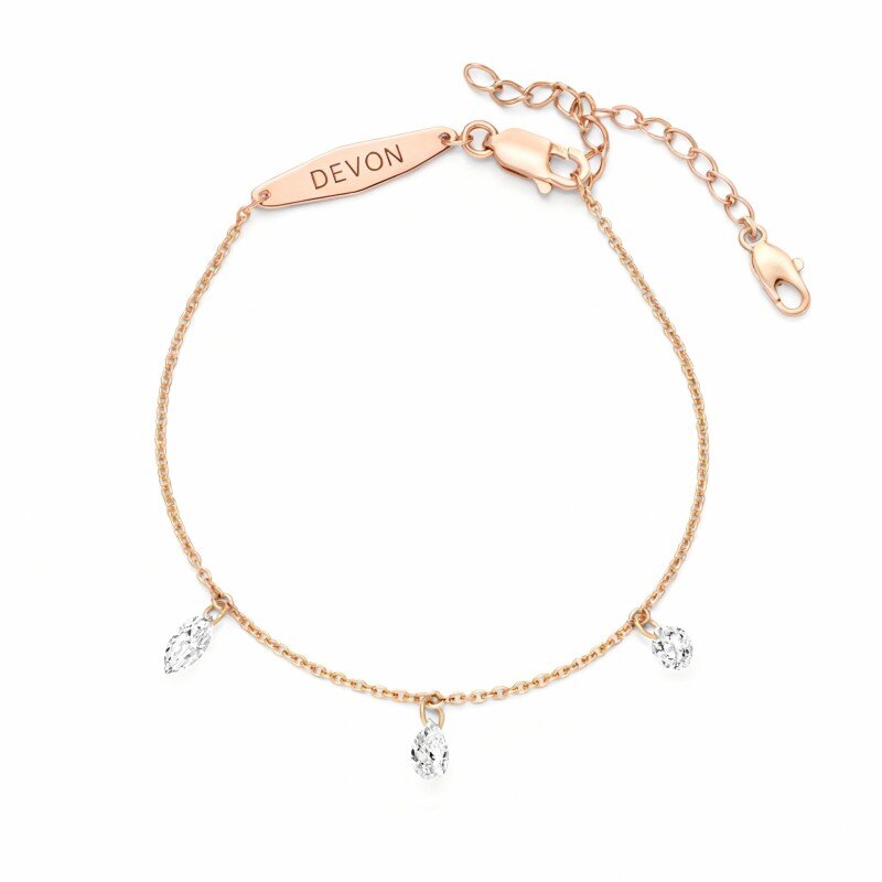 Pulseira personalizada com nome clássico e pendente em forma de gota em ouro rosa 14K com zircónias cúbicas.-1