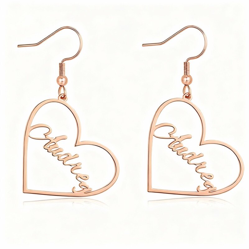 Brincos clássicos personalizados com nome e coração em ouro rosa 18K-1