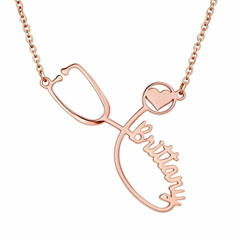 Personalisierte Halskette aus 10-karätigem Roségold mit Namens-, Herz- und Stethoskopanhänger-1