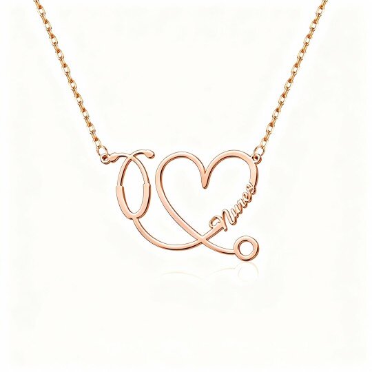 10K Rose Gold Personalized Classic Name & Heart & Stethoscope Pendant Necklace