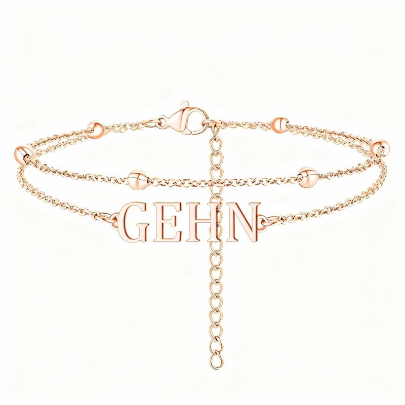 Tobillera clásica personalizada con nombre en oro rosa de 18 quilates con dije multicapa-1