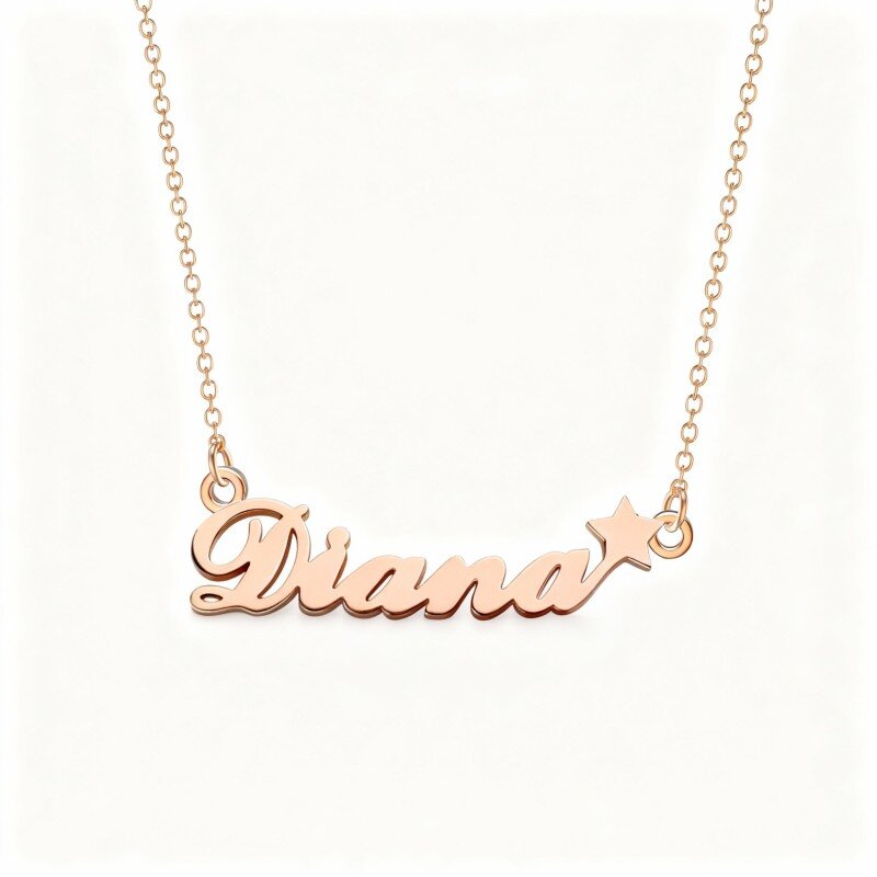 Colar com pendente personalizado de estrela e nome clássico em ouro rosa 10K-1