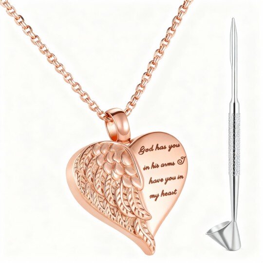 10K Rose Gold Personalized Engraving & Angel Wing & Heart Urn Necklace for Ashes