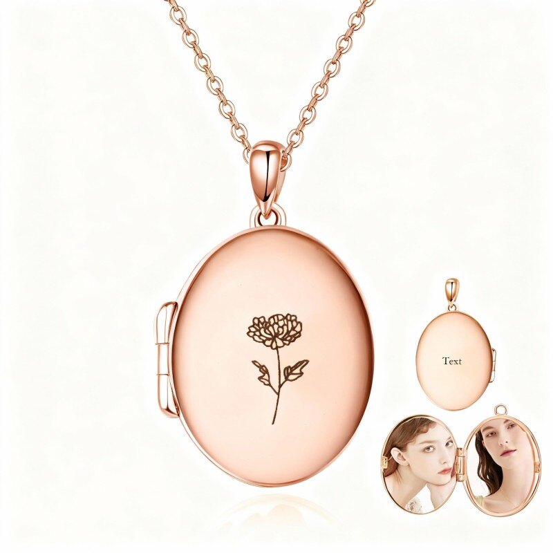 18Kローズゴールド＆パーソナライズされた彫刻入り誕生花＆パーソナライズされた写真入りパーソナライズされた写真ロケットネックレス-1