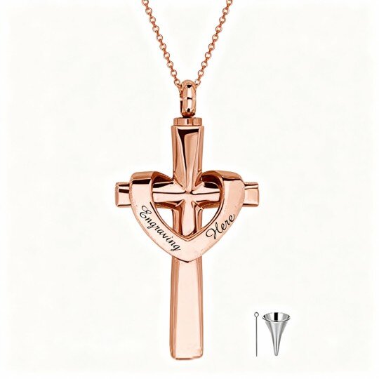 10K Rose Gold Personalized Engraving & Cross & Heart Urn Necklace for Ashes