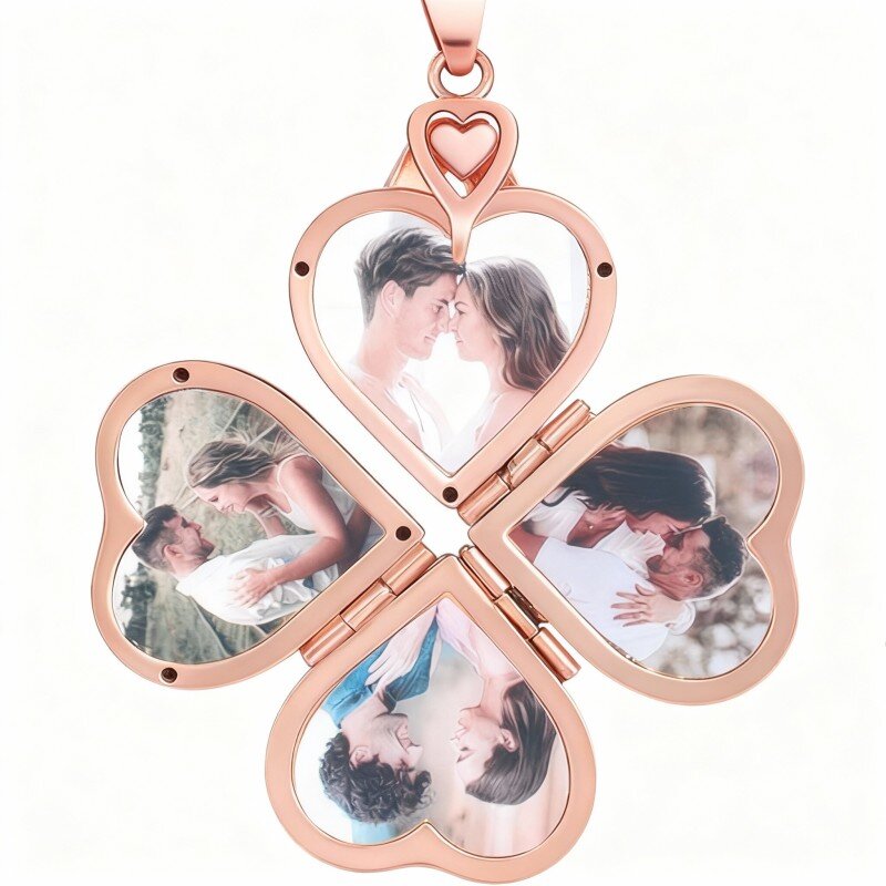 10K Rose Gold & Personalized Engraving Four Leaf Clover & Personalized Photo & Heart Personalized Photo Locket Necklace-1