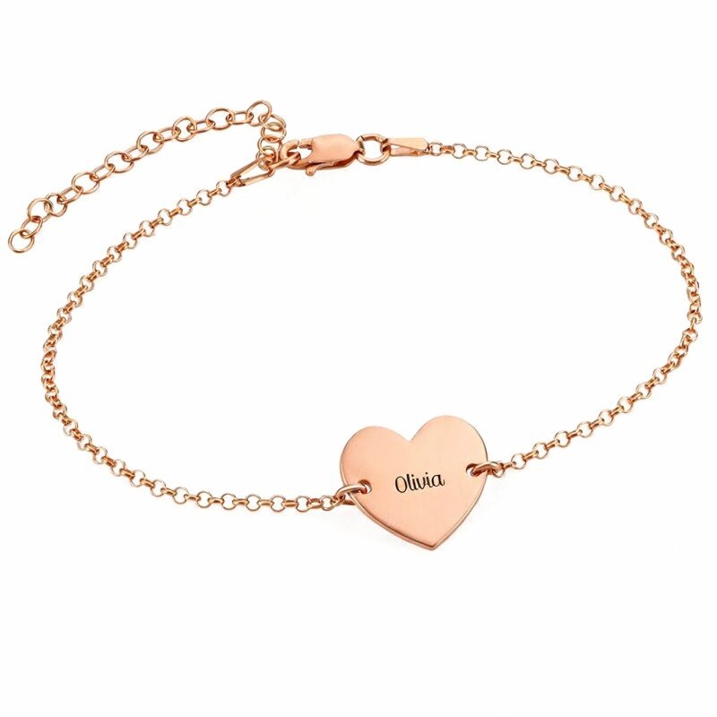 14K Rose Gold Personalized Engraving & Heart Charm Bracelet-1