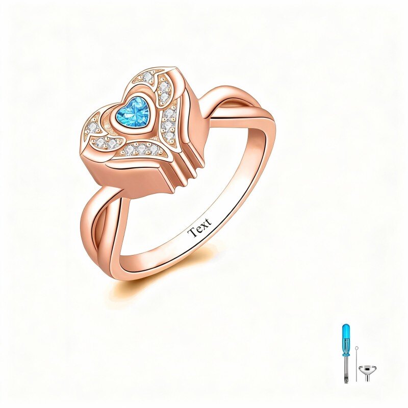 Bague urne en or rose 18 carats avec gravure personnalisée et zircon cubique pour cendres-1