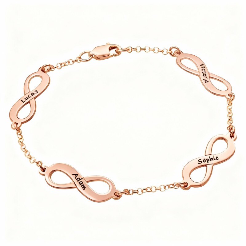 Pulsera con dije de oro rosa de 14 quilates con grabado personalizado y símbolo de infinito-1