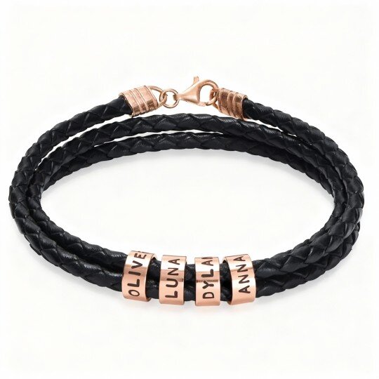 Pulsera de cuentas metálicas con grabado personalizado en oro rosa de 10 quilates para hombre