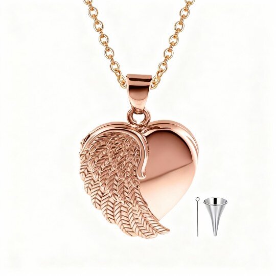 Collar con urna para cenizas en oro rosa de 10 quilates, grabado personalizado, foto personalizada, ala de ángel y corazón.