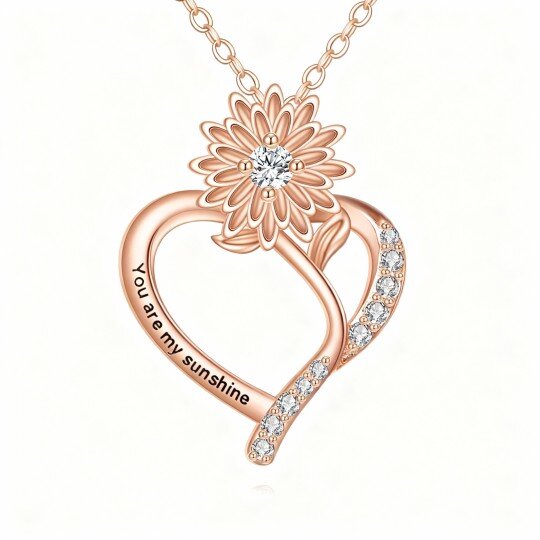 10K Rose Gold Cubic Zirconia & Personalized Engraving Sunflower & Heart Pendant Necklace with Engraved Word