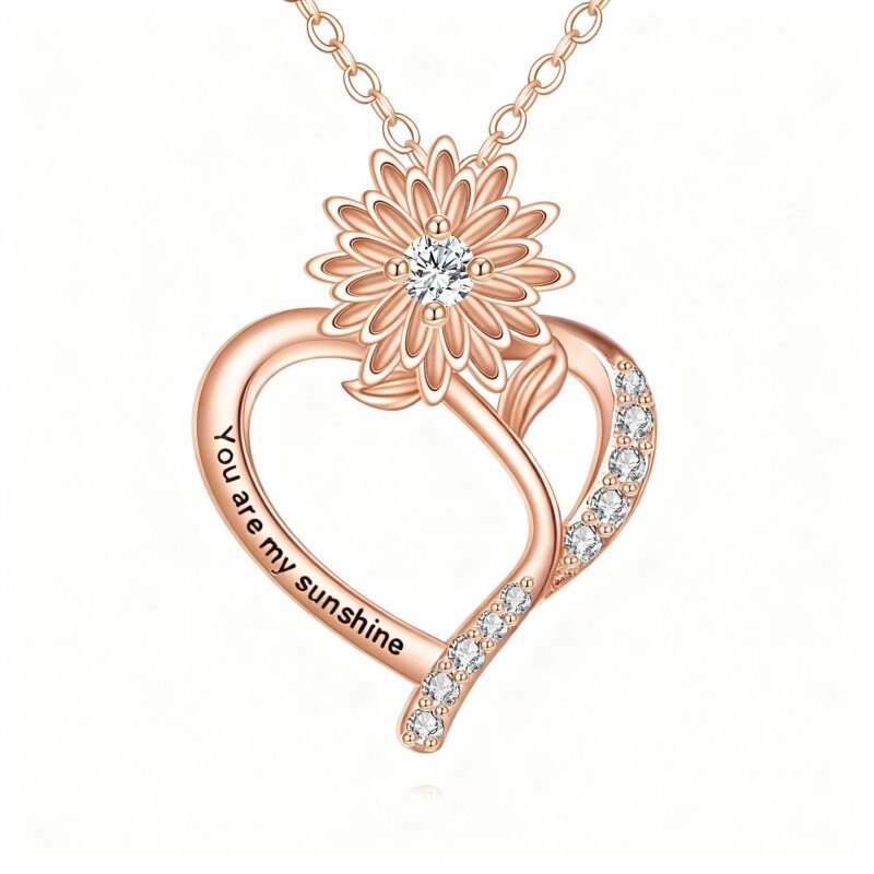 14K Rose Gold Cubic Zirconia & Personalized Engraving Sunflower & Heart Pendant Necklace with Engraved Word-1