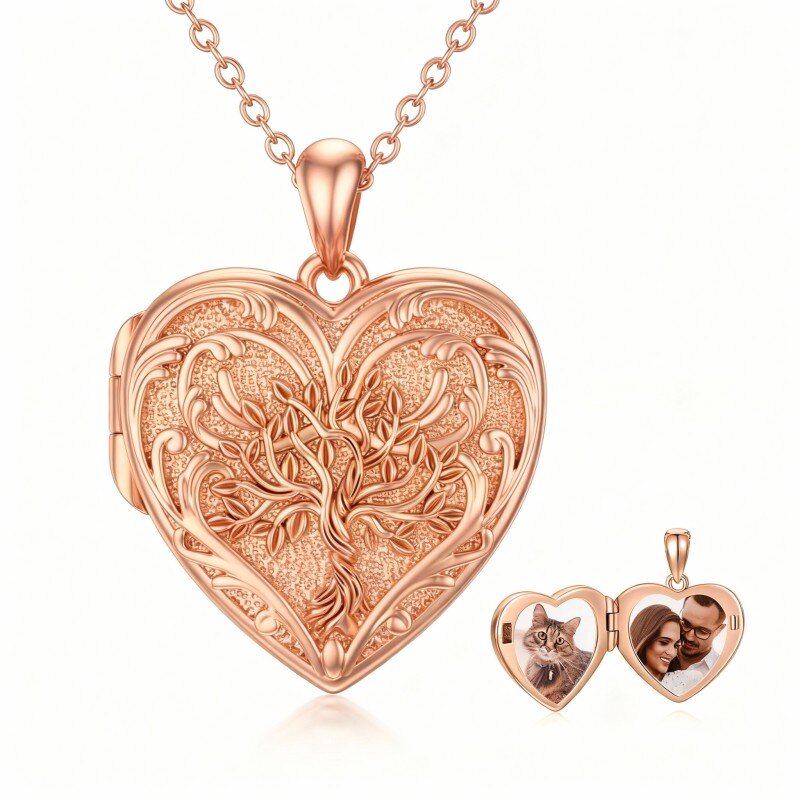 Collar con medallón personalizado de oro rosa de 14 quilates, árbol de la vida, foto y corazón.-1