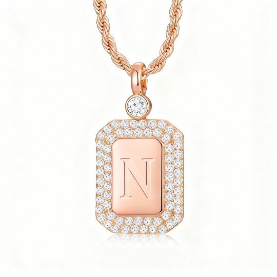 Collier pendentif personnalisé en or rose 10 carats avec initiale et barre en zircone cubique