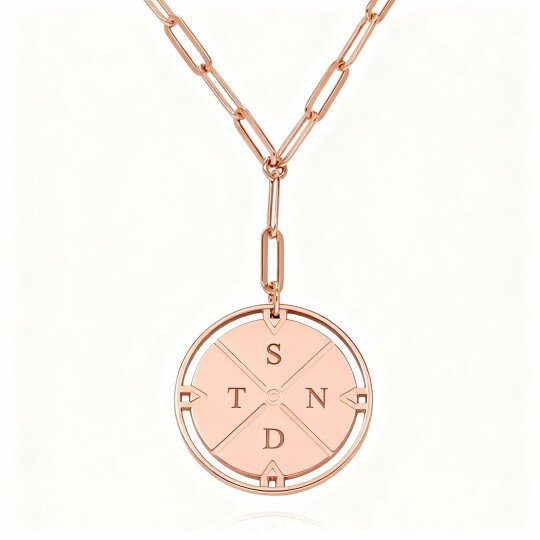 10K Rose Gold Personalized Initial Letter & Compass Coin Necklace