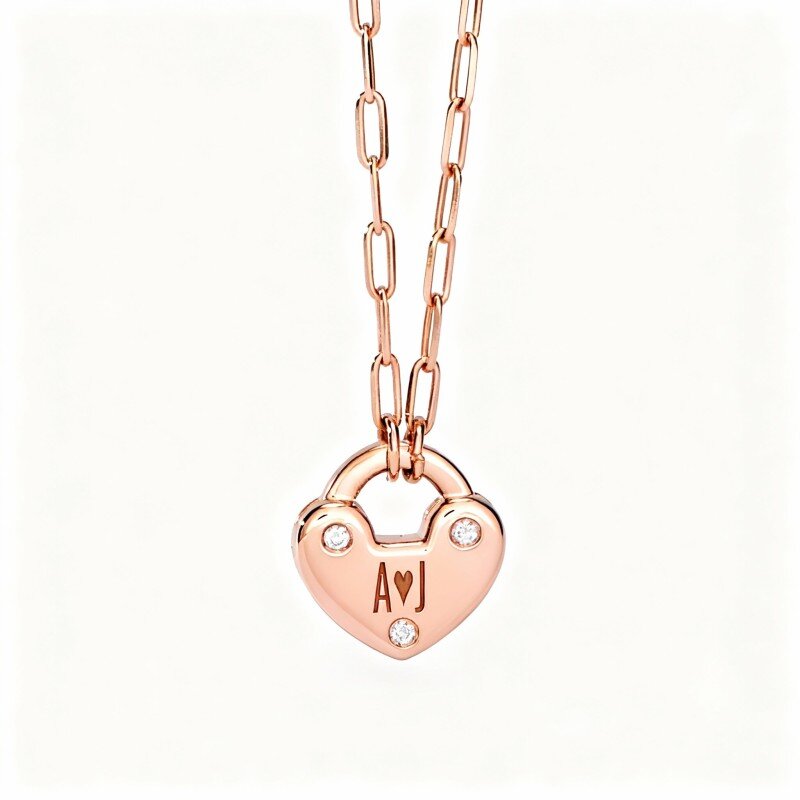 Colar com pendente personalizado de inicial e coração em ouro rosa 14K com zircónias cúbicas-1