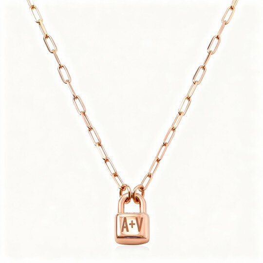 10K Rose Gold Personalized Initial Letter & Lock Pendant Necklace