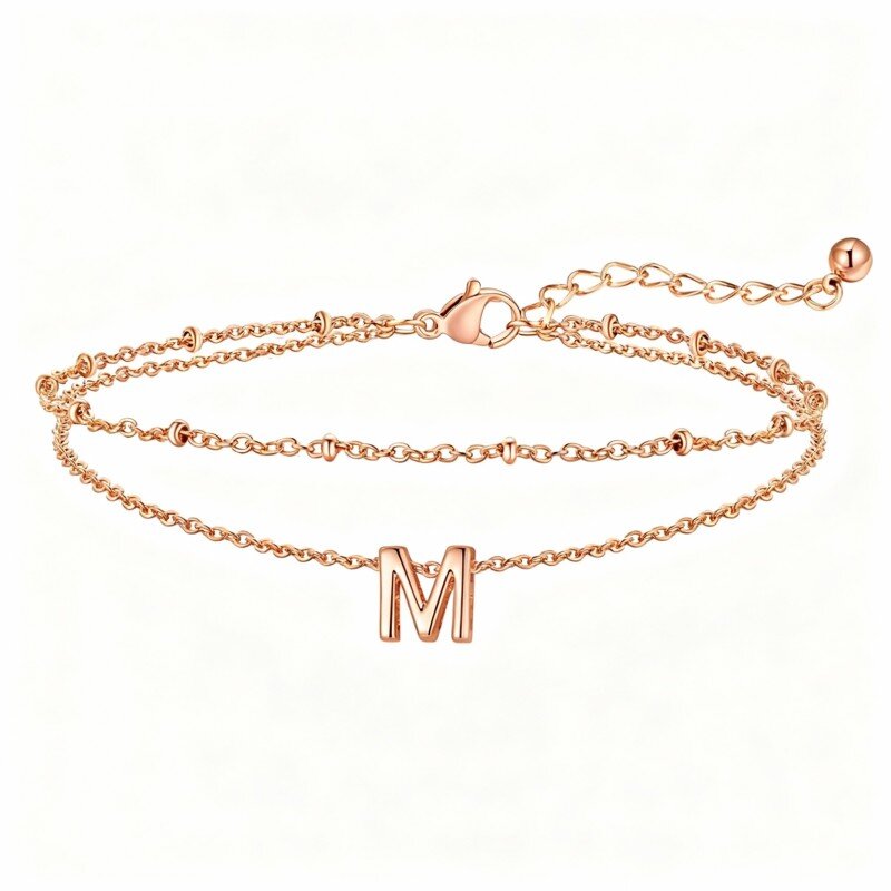 10K Rose Gold Personalized Initial Letter Multi-layered Charm Anklet-1