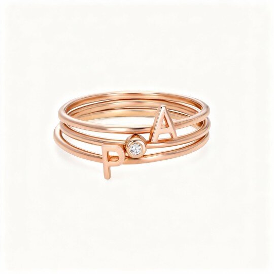 10K Rose Gold Cubic Zirconia Personalized Initial Letter Stackable Ring