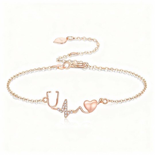 10K Rose Gold Cubic Zirconia Personalized Initial Letter & Stethoscope Charm Bracelet