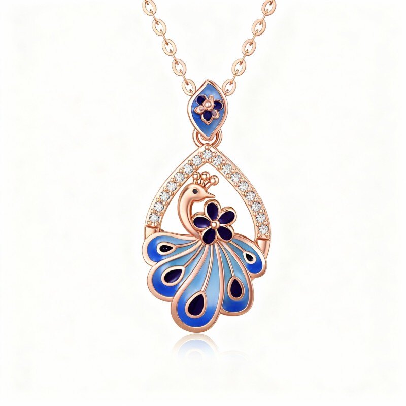 Collar con colgante de fénix de oro rosa de 14 quilates y circonitas cúbicas-1