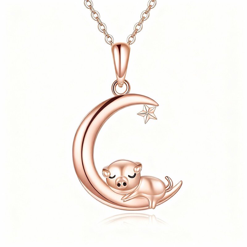 18K Rose Gold Pig & Moon Pendant Necklace-1