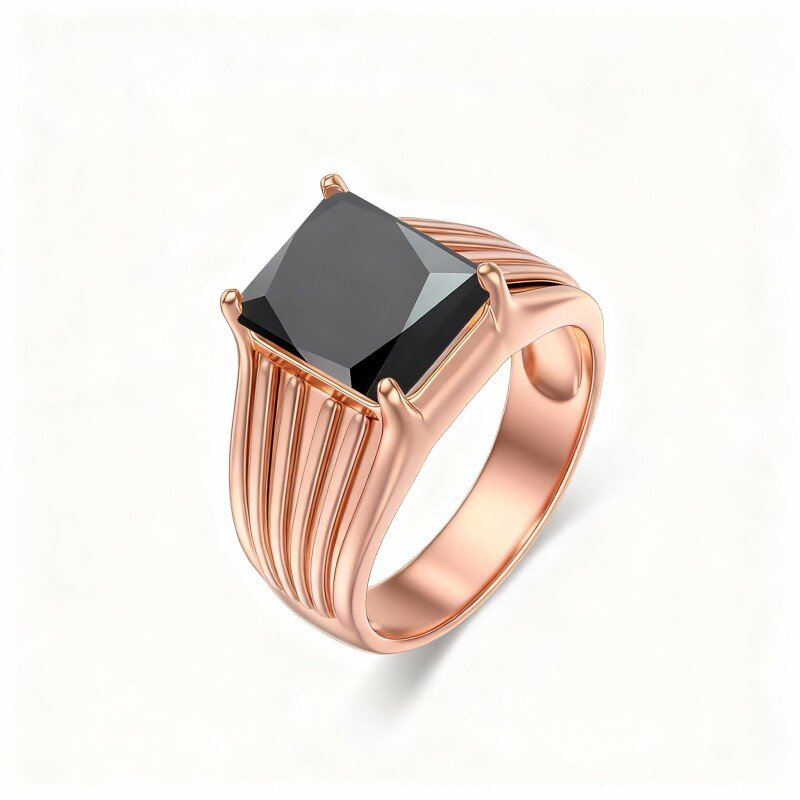 Anel quadrado personalizado com ágata lapidada em corte princesa em ouro rosa 14K para homem.-1