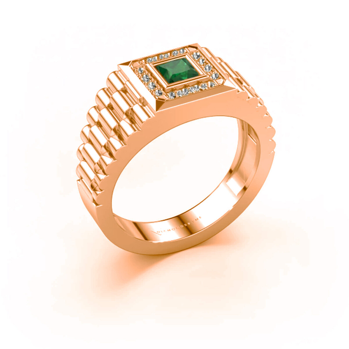 Alianza de boda para hombre en oro rosa de 10 quilates con esmeralda de talla princesa y 0,2 quilates de peso total de diamantes.-1