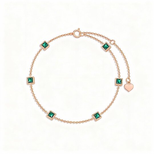 10K Rose Gold Princess Cut Emerald Charm Bracelet
