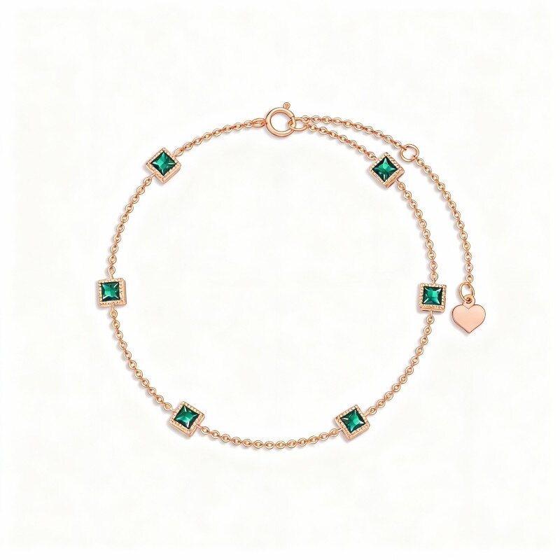 14K Rose Gold Princess Cut Emerald Charm Bracelet-1